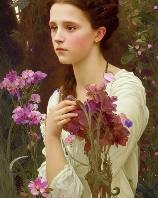 Image similar to an art nouveau portrait painting of a shy, blushing 1 6 - year old alicia vikander or millie bobby brown as a princess lying among flower petals, hair fanned around, intricate, elegant, highly detailed, artstation, concept art, by krenz cushart and donato giancola and william adolph bouguereau and alphonse mucha