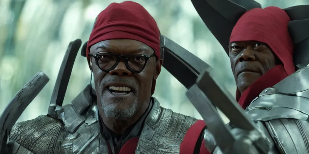 Image similar to a film still of samuel l. jackson starring in a japanese blockbuster film as yoshimitsu, shallow depth of field, cinematic, award winning cgi, vfx, film still