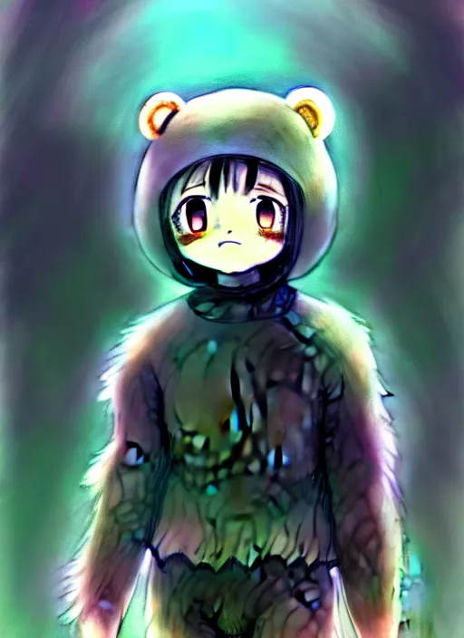 Image similar to beautiful little boy wearing an cyborg bear suit, artwork in kentaro miura and made in abyss and rosdraws, smooth, beautiful lightness, anatomically correct, trending on pixiv, forest