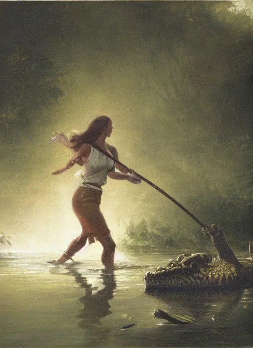 Image similar to a woman fighting against a crocodile in a swamp , soft lighting