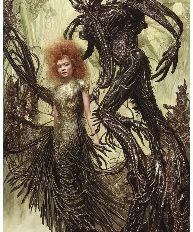 Prompt: a portrait photograph of a fierce sadie sink as a strong alien harpy queen with amphibian skin. she trying on a glowing and black lace shiny metal slimy organic membrane dress and transforming into an evil insectoid snake bird. by donato giancola, walton ford, ernst haeckel, peter mohrbacher, hr giger. 8 k, cgsociety
