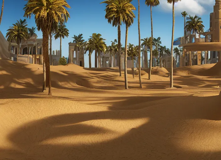 Image similar to cover concept art of the lost sand city, levitating sand, ground view, golden towers, golden pillars, palm trees, space and time, floating objects, post-processing, in the style of Hugh Ferriss, Behance, Artgerm. High detail, ultra realistic render, octane, 3D, photorealism, symmetric, cinematic