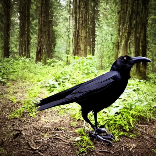 Image similar to anthropomorphic crow standing upright, photograph captured in a forest