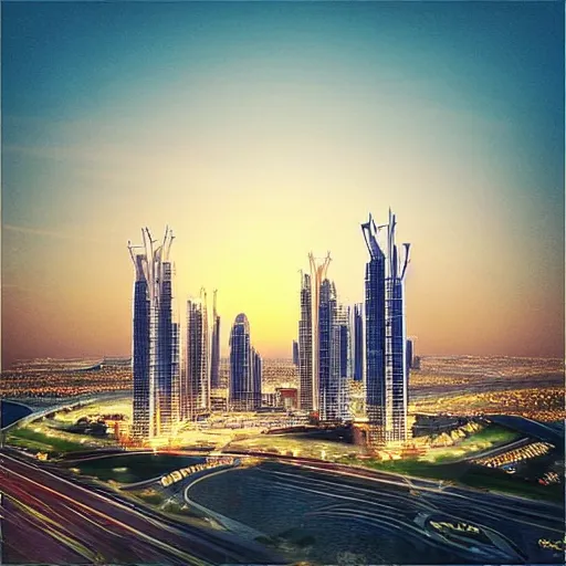 Prompt: “most advanced Dubai city dramatic lighting detailed beautiful sunset lights birds clouds proportional symmetrical minimalism photorealistic sky render octane architecture design planning”