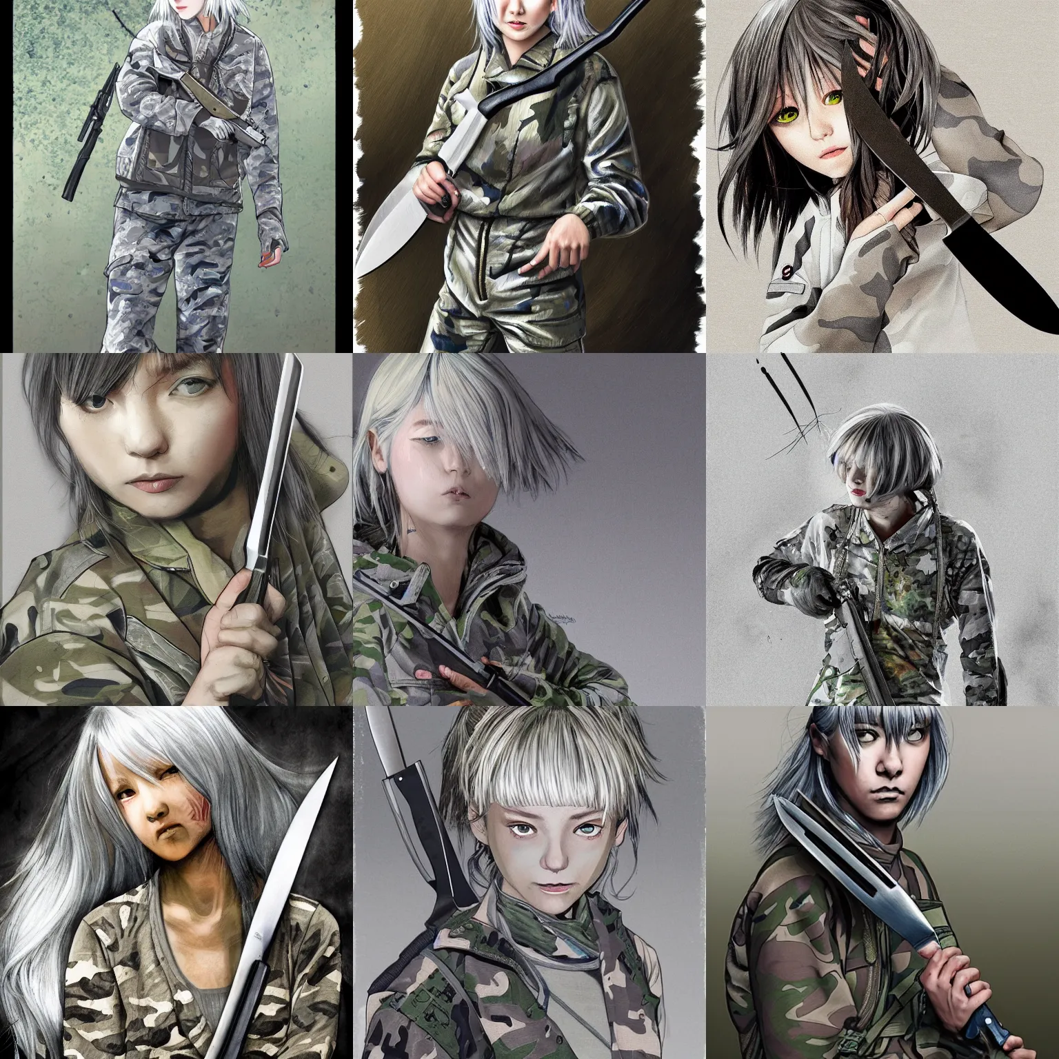 Prompt: silver hair girl, holding a knife, multicam camo, cinematic portrait, ilustration by Takehiko Inoue