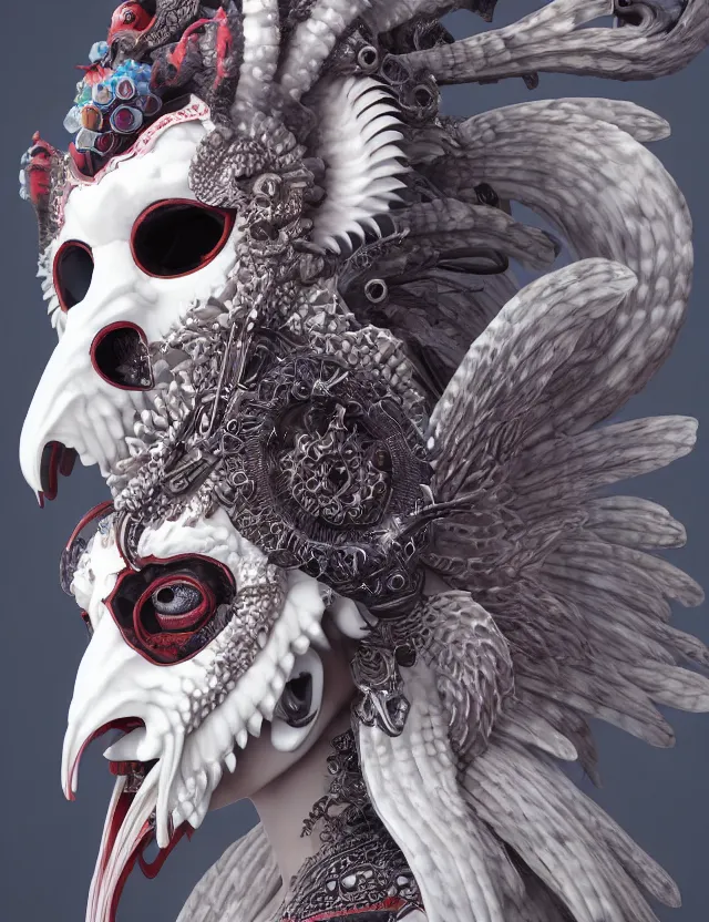 Image similar to 3 d goddess of hell close - up profile portrait with ram skull. beautiful intricately detailed japanese crow kitsune mask and clasical japanese kimono. betta fish, jellyfish phoenix, bio luminescent, plasma, ice, water, wind, creature, artwork by tooth wu and wlop and beeple and greg rutkowski