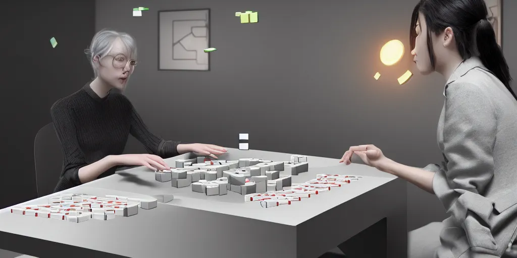 Image similar to mathematician playing mahjong against a female robot, [ photorealistic, octane render, 8 k, photography, intimate ]