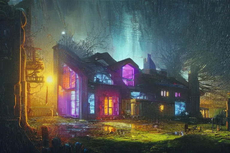 Prompt: cyberpunk, an estate agent listing photo, external view of a 5 bedroom detached countryside house in the UK, by Paul Lehr