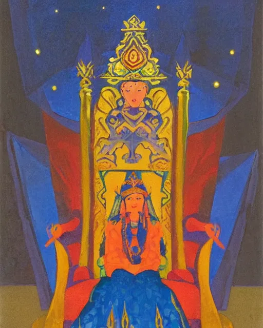 Image similar to an illustration of a queen on a throne at night by nicholas roerich, realistic, detailed, oil painting, 1 9 th