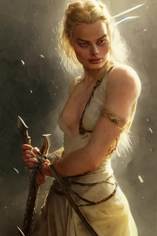 Prompt: young margot robbie, legendary warrior, fighter, lord of the rings, tattoos, decorative ornaments, battle armor, carl spitzweg, ismail inceoglu, vdragan bibin, hans thoma, greg rutkowski, alexandros pyromallis, perfect face, detailed, sharply focused, centered, rule of thirds, photorealistic shading