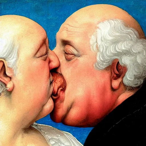 Image similar to a very funny renaissance style oil painting of a sweet fat old woman kissing her reflection. symmetrical face, red mouth, blue eyes. a flowered dress. a hyper - realistic scene. 3 d, octane processing, deep focus, white scene. a very funny and sweet picture. unreal engine. watercolor. fellini cinematic style. poster quality. freud painting style.