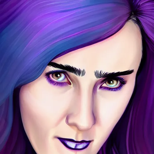 Prompt: beautiful witch female, Jennifer Connelly, blue and purple glowing hair, smiling, clear clean face, two perfect eyes, perfect eyes perfect symmetrical eyes, symmetrical face, blurry background, pose, trending on artstation, Jamie McKelvie comic art, Alexandra Fomina artstation, face by Ilya Kushinov style, style by Loish, painterly style, flat illustration, high contrast