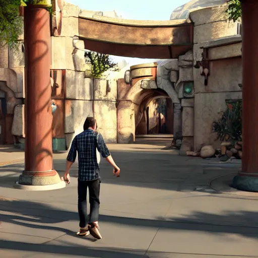 Prompt: Man in ragged clothes walking through the entrance of a desolate Disney Park, hyperrealistic, unreal engine 5