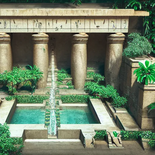 Image similar to ancient egyptian palace with plants and waterfalls, 3 d render, octane