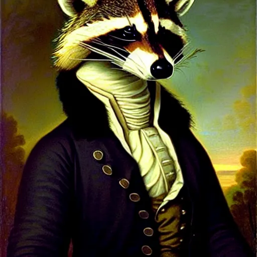 Prompt: a head and shoulders portrait painting of an anthropomorphic!!!!!!!!!! raccoon!!!!!!!!!! wearing a colonial outfit without a hat looking off camera, a character portrait, american romanticism, oil on canvas, soft focus