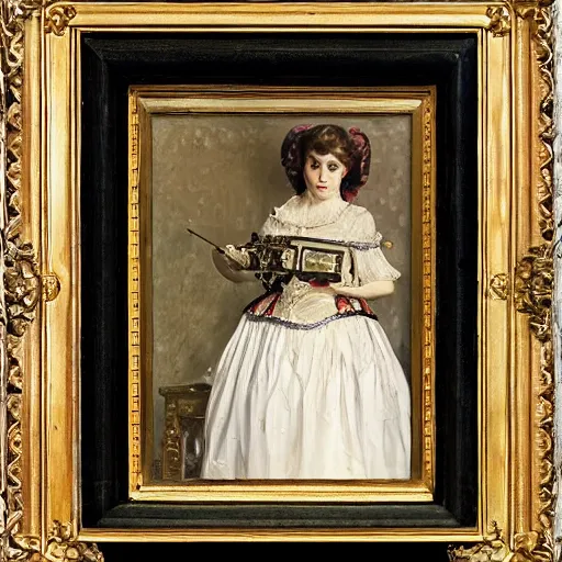 Image similar to young victorian lady curiously examining a mechanical clock, painted by alfred stevens