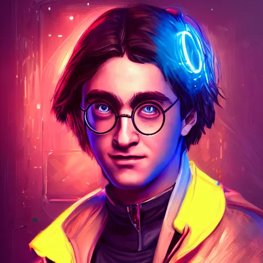 Image similar to beautiful high detailed portrait of harry potter, cyberpunk2077, cyberpunk, neon, light, artstation, digital illustration