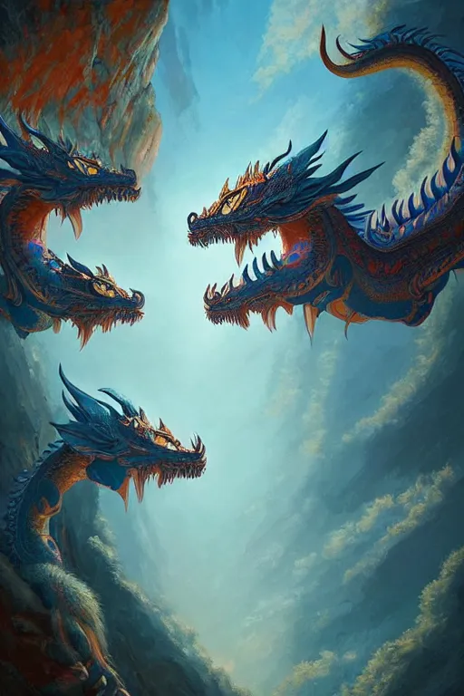 Prompt: a beautiful and detailed thai dragon paintings by Chalermchai Kositpipat and Ghibli Studios, Dan Mumford, James Gurney, artstation, cinematic lighting, omnious sky