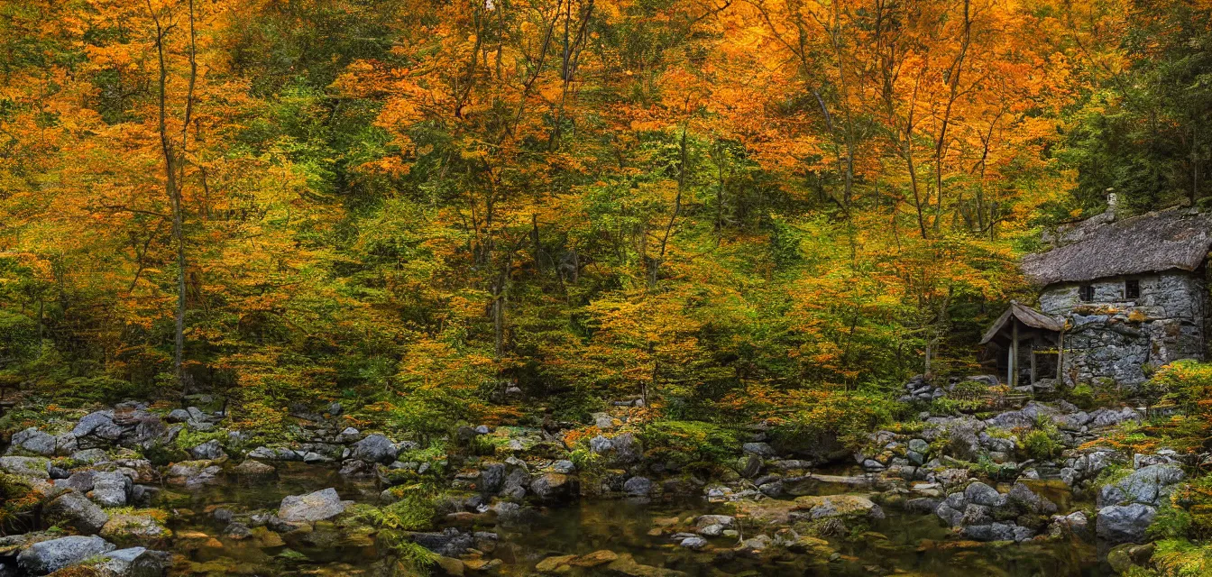 Image similar to stone cottages underneath a dense tall forest, pristine ponds. bodyscapes. fine painting intricate brush strokes, bright depth oil colors. 2 8 mm perspective photography by araken alcantara. intense promiseful happiness, autumn sunrise warm hdri forest light