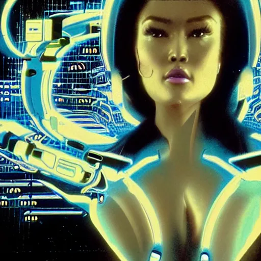 Image similar to a VHS still of a concept art with a photo of Tia Carrere as a solarpunk robotic humanoid with white mechanical parts with led lights, vaporwave artwork composition, in the movie Lifeforce (1985) 8k, intricate, VHS glitch