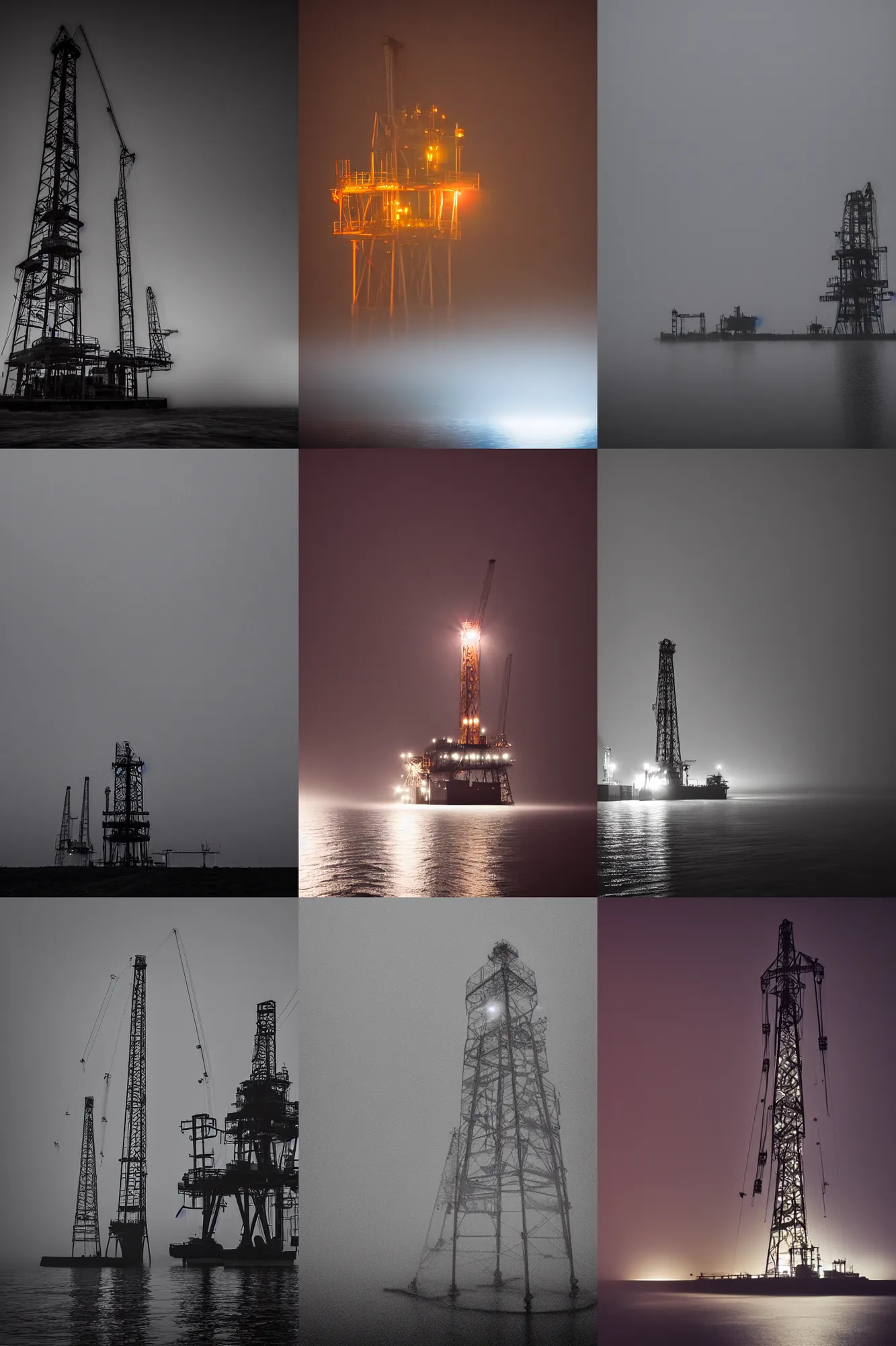 Prompt: oil rig, night, fog, award winning photography