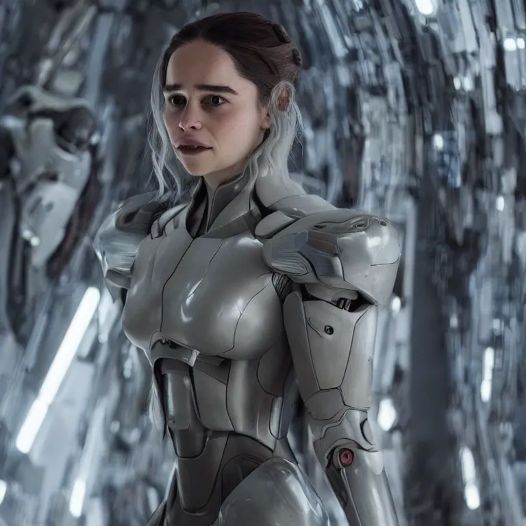 Image similar to scifi emilia clarke looks like ghost in the shell, extremely high detail, high detailed face, smiling woman, cyborg, photorealism, emilia clarke, sony a 7 r