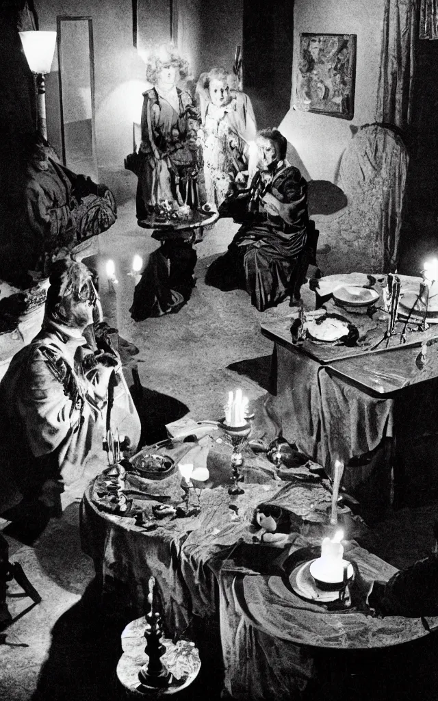 Image similar to a seance conducted by two old women, candle light, ghosts, ominous, by federico fellini