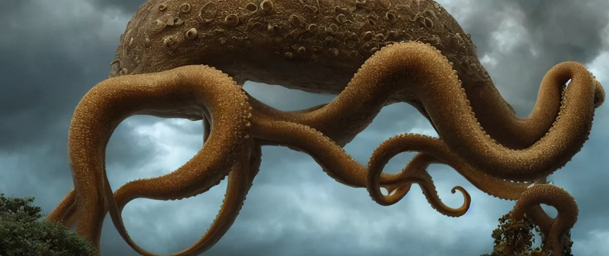 Prompt: a giant octopus tentacl hanging from the clouds over a rain forest, still from the movie the arrival, 8k