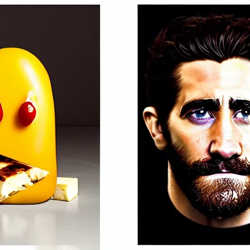 Image similar to food photography of jake gyllenhaal's face fused with halloumi cheese ( ( white halloumi cheese hybrid with jake gyllenhaal face ) ), jake gyllenhaal sentient cheese man, by greg rutkowski