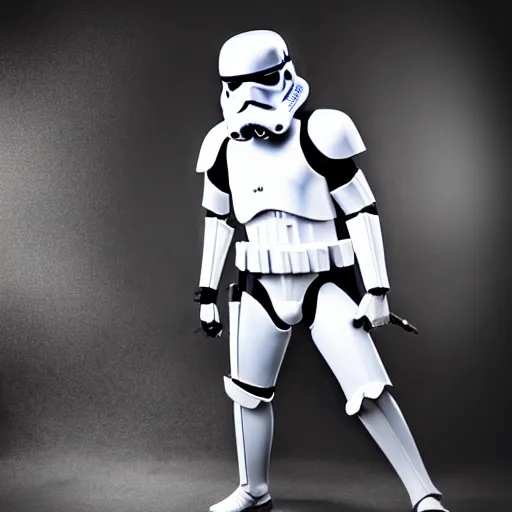 Image similar to a realistic photography of a storm trooper looking like a samurai, studio lighting