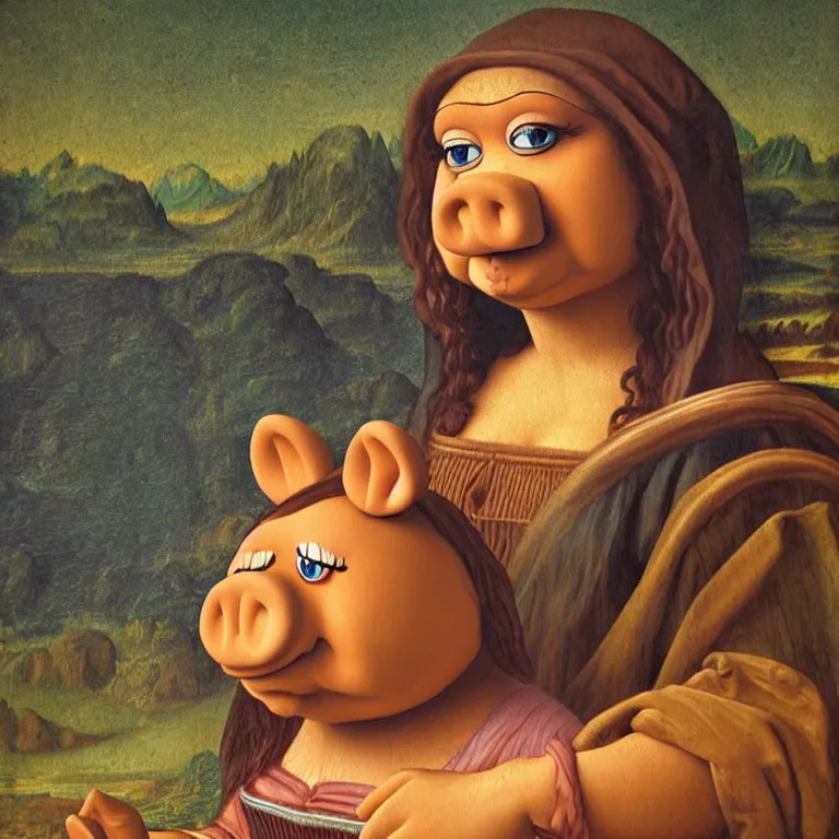 Prompt: Miss Piggy as the Mona Lisa painting by Leonardo da Vinci, medieval art, trending on artstation