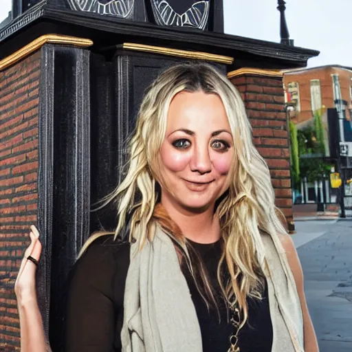 Image similar to A detailed photo of Kaley Cuoco under the Eastgate clock in Chester. Behind her we see a black panther