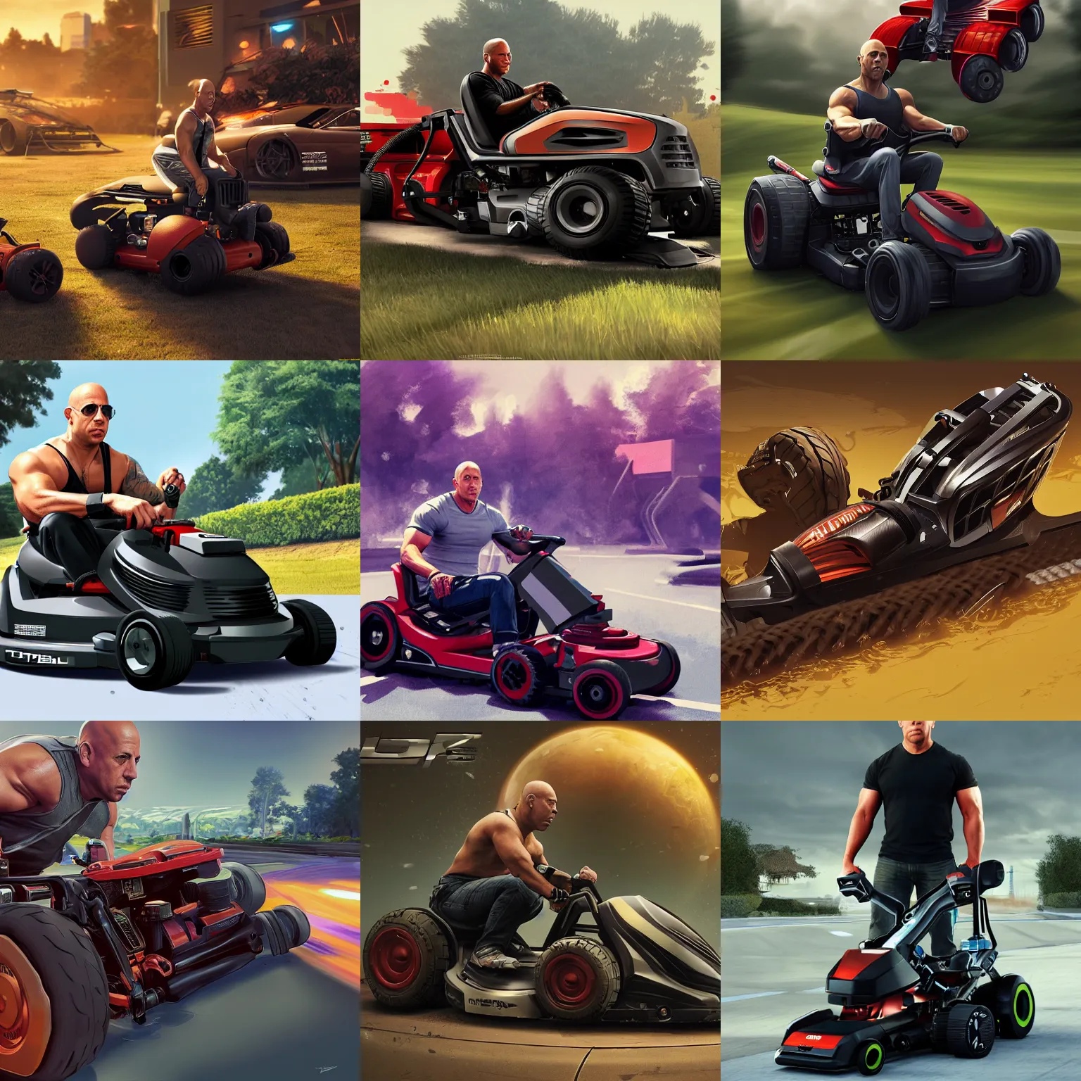 Prompt: Vin Diesel racing on a lawnmower, hyperdetailed, artstation, cgsociety, 8k