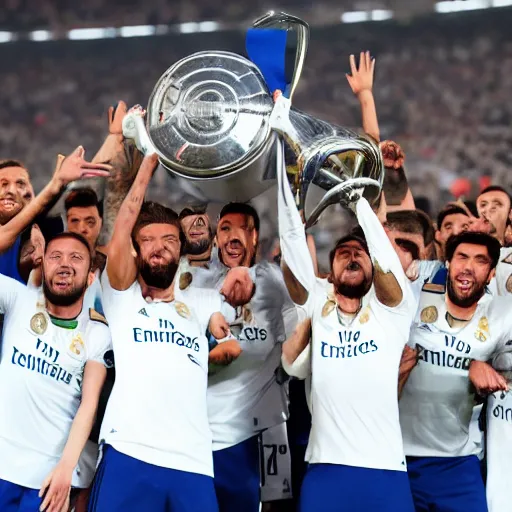 Prompt: real madrid fc team lifting a fax as a throphy