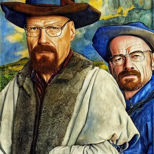 Prompt: portrait of walter white and saul goodman from breaking bad, background with blue crystals raining from above, detailed oil painted by albrecht durer, classic pose, medieval dressed