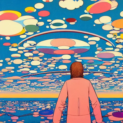 Image similar to a man walking on clouds away from the camera above a lake by takashi murakami, beeple and james jean, aya takano color style, 4 k, super detailed, modern, 4 k, symmetrical