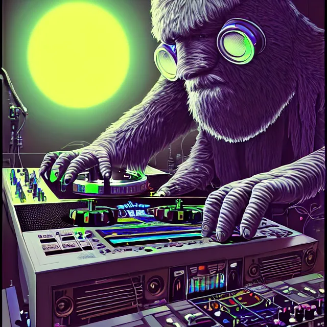 Image similar to a portrait of an anthropomorphic cyberpunk bigfoot dj at the turntables, detailed render, tape deck, boombox, headphones, epic composition, cybernetics, 4 k realistic, cryengine, realistic shaded lighting, sharp focus, masterpiece, by matteo scalera, gary montalbano, peter elson in the style of the tokyo ghost comic