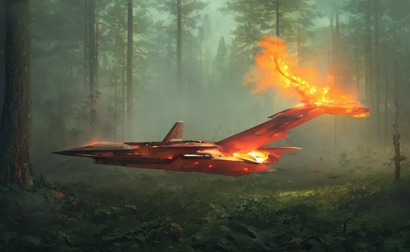 Image similar to one single fighter design spaceship on fire crashed on the ground, on the ground, smoke, smoke, cloudy air, forest, swamp. Atmospheric lighting, overgrowth. By Makoto Shinkai, Stanley Artgerm Lau, WLOP, Rossdraws, James Jean, Andrei Riabovitchev, Marc Simonetti, krenz cushart, Sakimichan, trending on ArtStation, digital art.