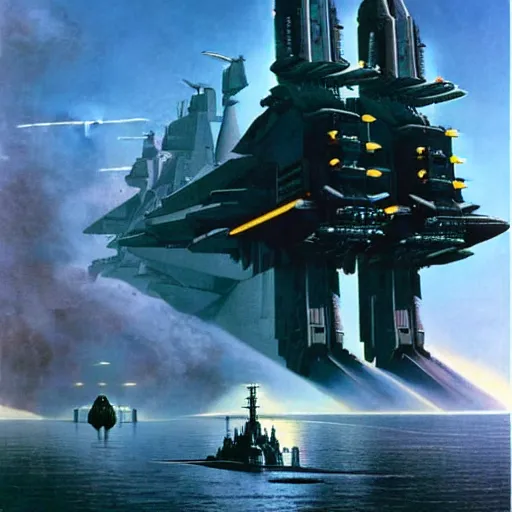 Image similar to war machines from a gate in hell, chris foss, john harris, hoover dam'aircraft carrier tower'beeple, wayne barlowe