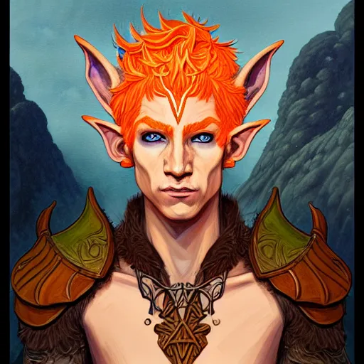 Image similar to portrait painting of an elven eladrin young man with very short light orange hair and tribal tattoos in his cheekbones wearing fur armor, d & d, rpg, sharp focus, award - winning, trending on artstation, masterpiece, highly detailed, intricate. art by josan gonzales and moebius and deathburger