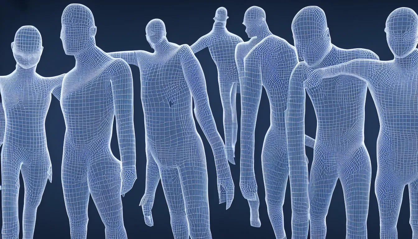 Prompt: 3 d wireframe of city street humans, dark blues, and glowing whites, full colour, hyper realistic photo, unreal engine, upscale, 8 k, masterpiece,