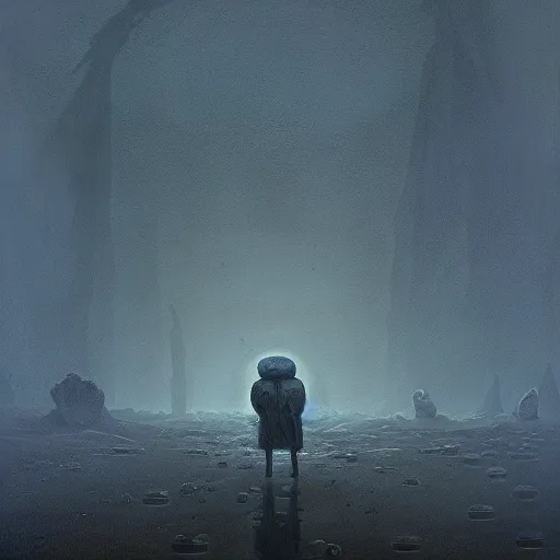 Image similar to A beautiful land art of a small figure standing in the center of a dark, foreboding landscape. The figure is surrounded by strange, monstrous creatures, and there is a feeling of unease and dread. pale indigo, indigo by Michal Lisowski