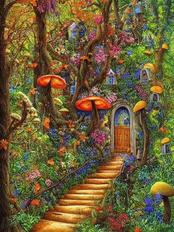 Prompt: digital painting detailed forest tree with door and stairs, magical forest flowers mushrooms painted by Michael Cheval