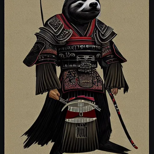 Prompt: graphic, hyperreal illustration of anthropomorphic sloth in traditional samurai armor : : digital art, concept art, character development