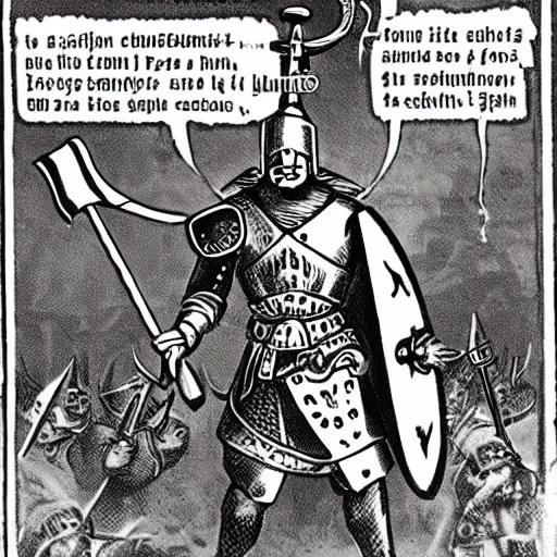 Image similar to of a dumb crusader knight that is the anti comunism crusader character, full plate, totally mad and yelling, shoutting using a megaphone, full plate, sword, shield, character sheet explaining his items and weapons,,