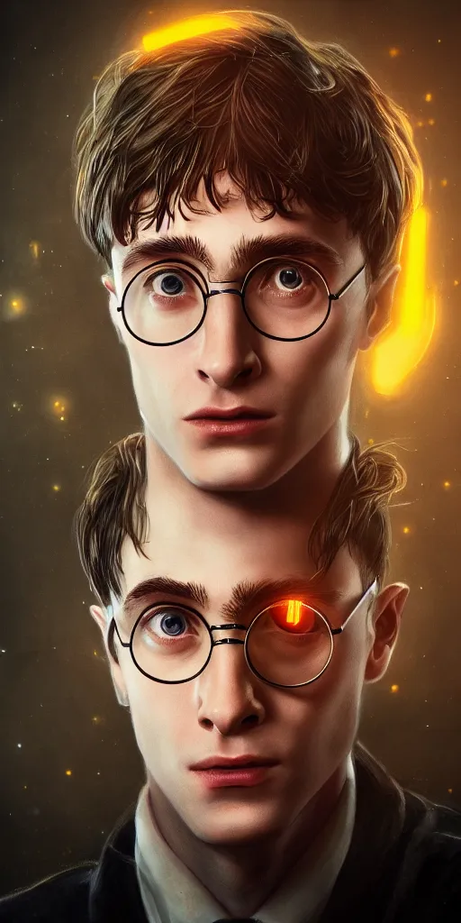 Image similar to Portrait of a harry potter with cyberpunk implant, elegant, photorealistic, highly detailed, artstation, smooth, sharp focus, gold ornaments, neon lighting, sci-fi, art by Klimt