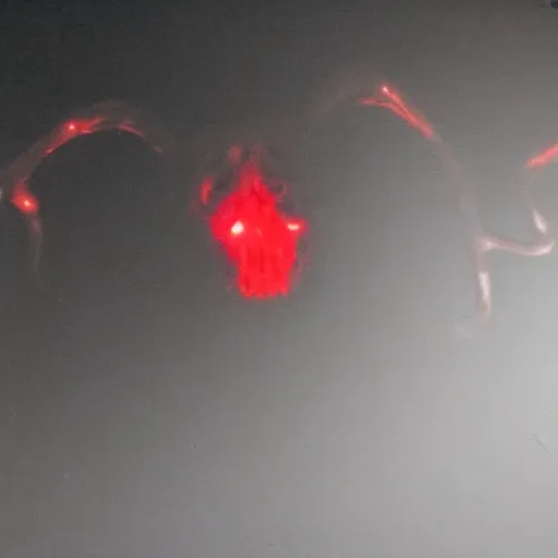 Prompt: a high-quality photo of a massive blood-oozing red meat blob composed of muscle, bones, and writhing tendrils made of bloody veins lurking in the darkness, partially illuminated only by the camera flash, numerous dimly glowing eyes