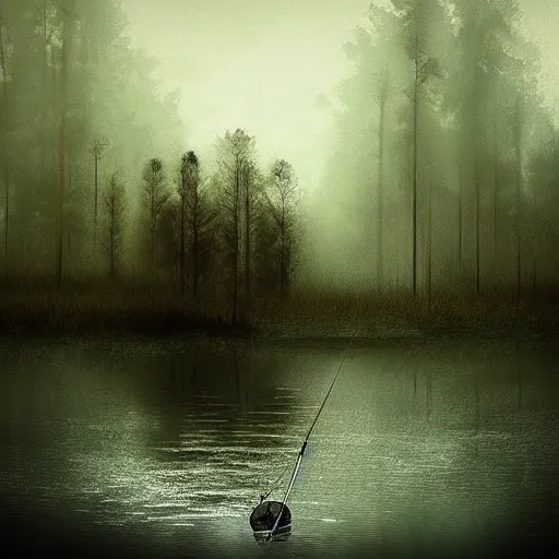 Image similar to concept, artistic swamp with mystic fog, fishing rode, from horror movies, art station, mysterious, masterpiece