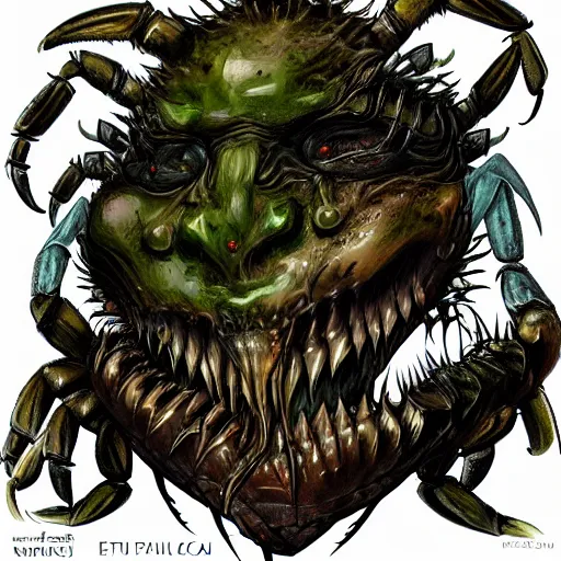 Image similar to A demon of Nurgle with crab claws, highly detailed, digital art, sharp focus, trending on art station, plant, anime art style