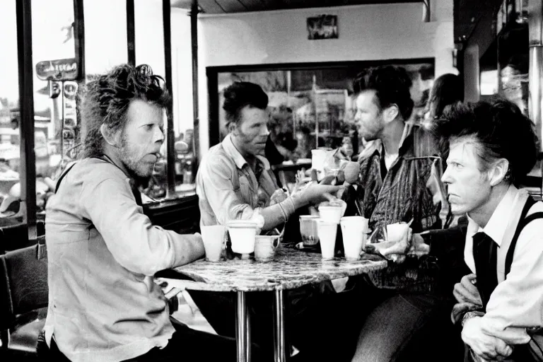 Image similar to tom waits having breakfast at a diner with david bowie, two shot angle, black and white